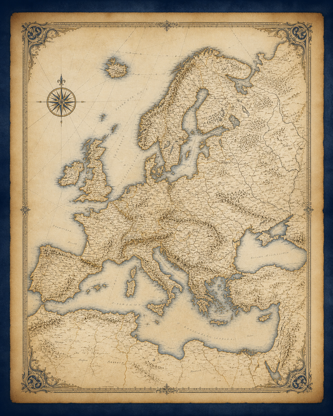 Een verfijnde historische kaart van Europa op oud perkament