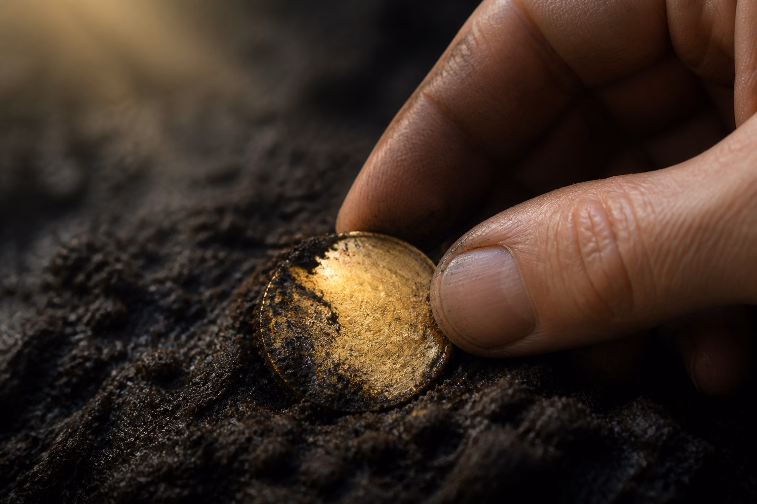 Een gouden munt wordt uit de modder opgetild en krijgt haar glans terug