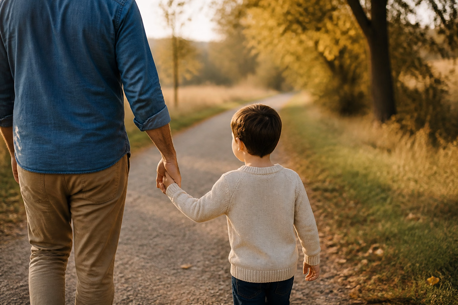 Een vader en kind lopen hand in hand over een rustig pad