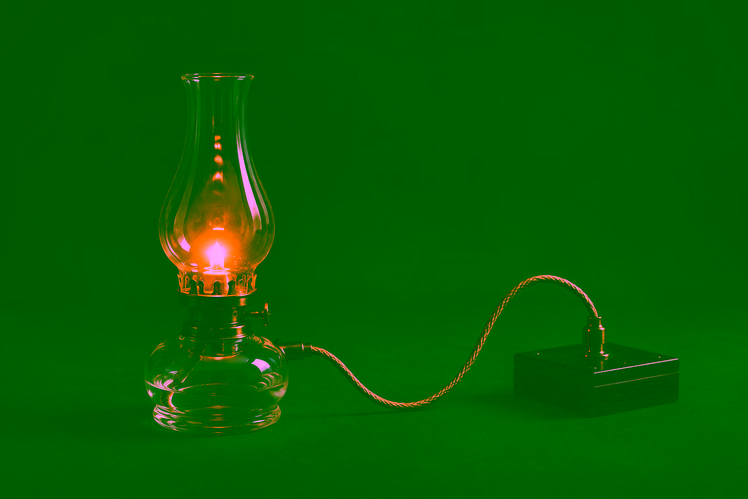 Een brandende lamp die met haar energiebron verbonden is
