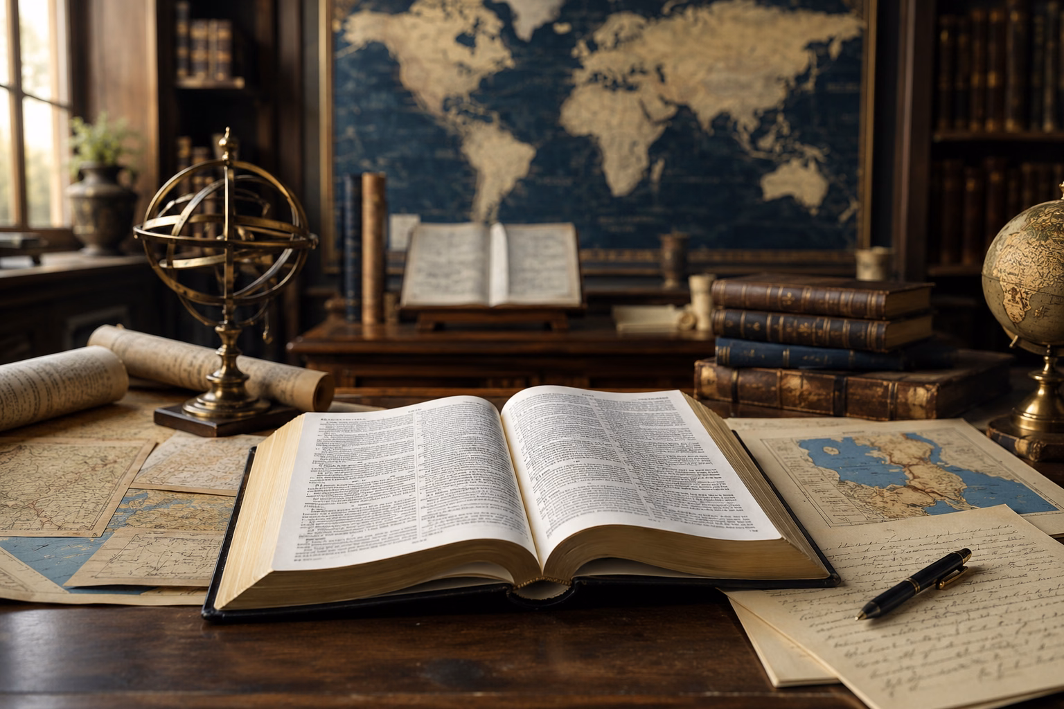 Een open Bijbel, historische kaarten en onderzoeksnotities in een rustige studeerkamer