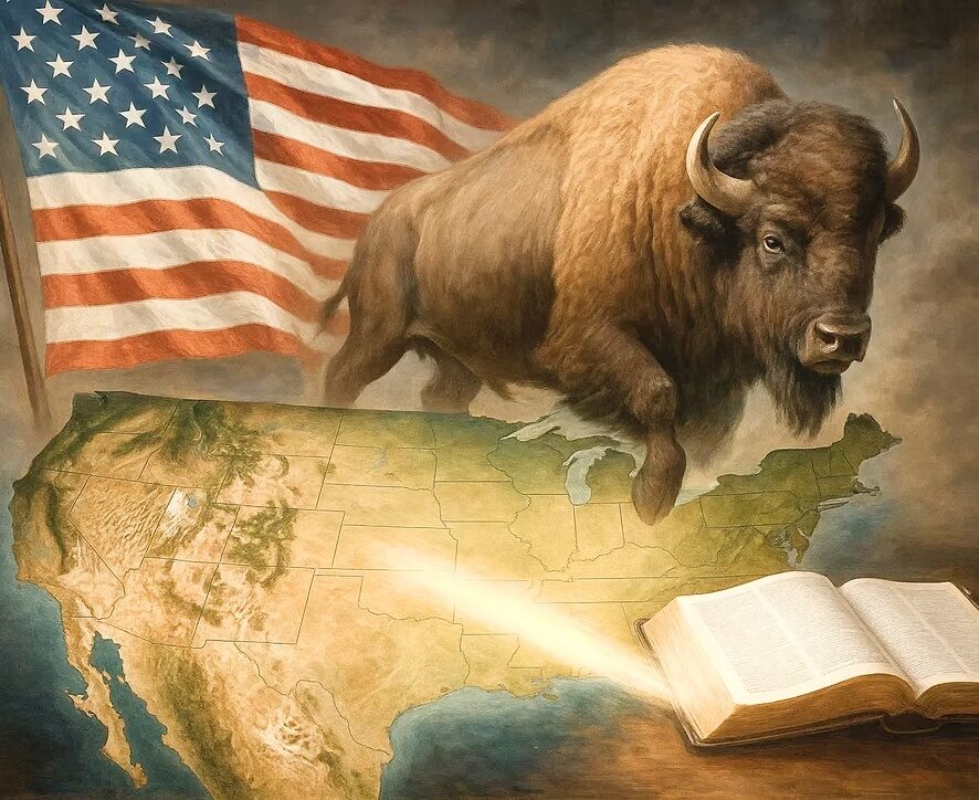Een bison boven de kaart van de Verenigde Staten, met de Amerikaanse vlag en een open Bijbel