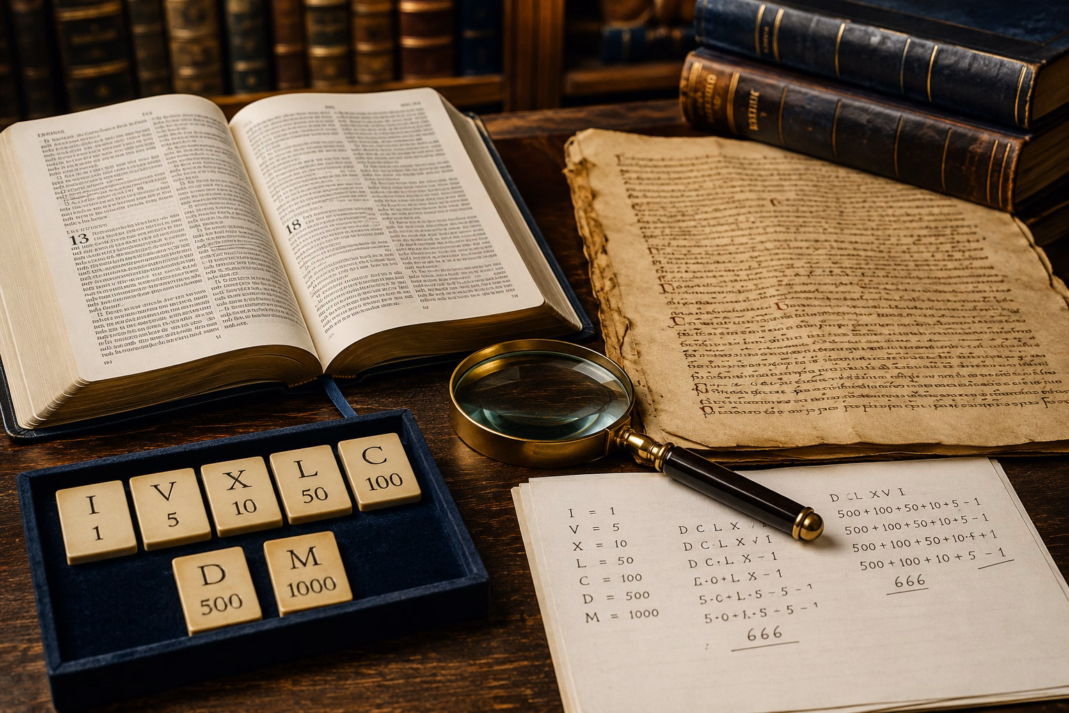 Een open Bijbel, een historisch document en Romeinse getalswaarden op een onderzoekstafel