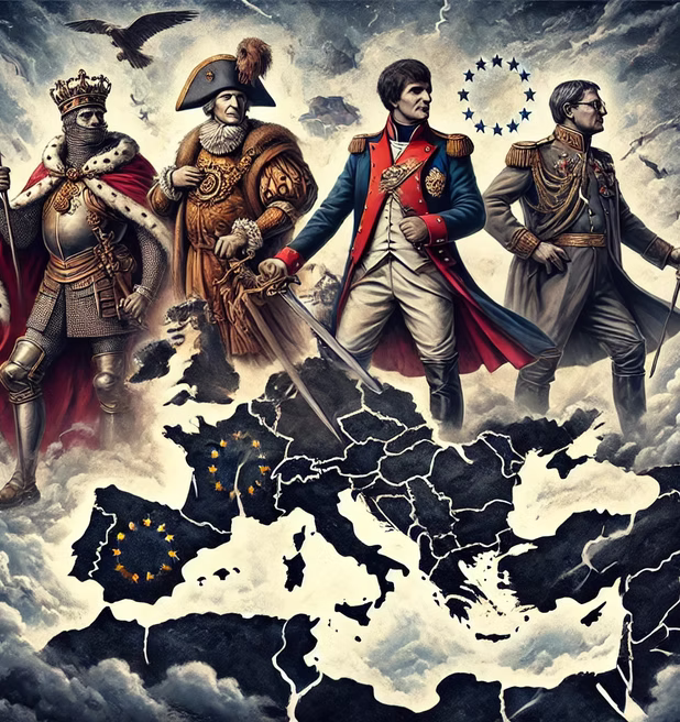 Europese vorsten en machthebbers boven een kaart van Europa