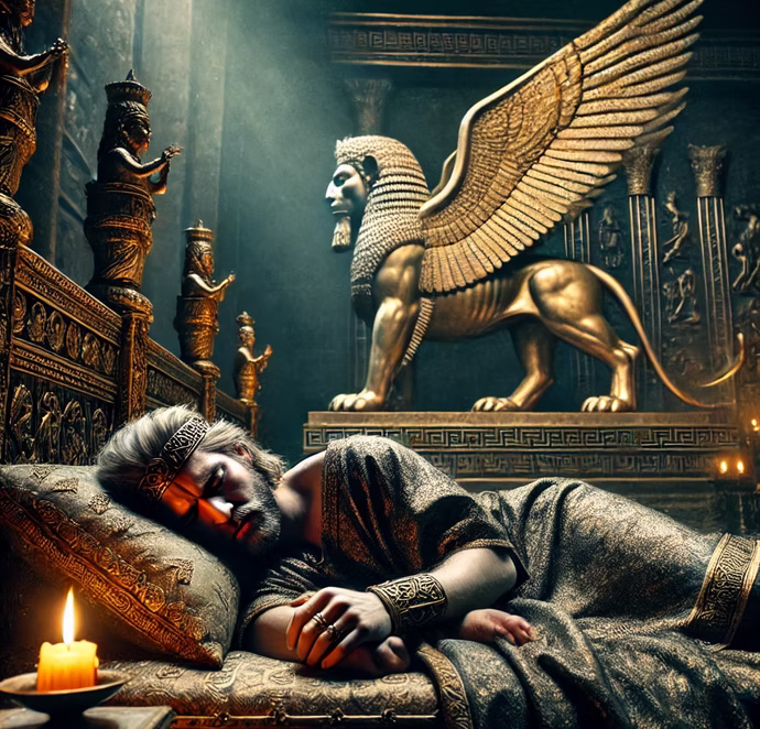 Koning Nebukadnezar droomt in zijn paleis in Babylon