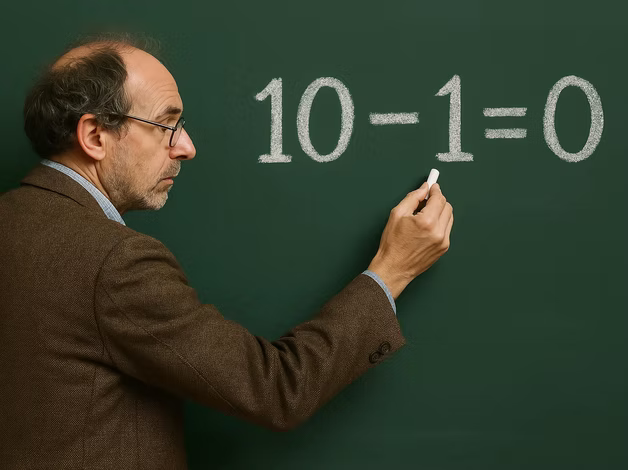 Een leraar schrijft de formule 10 min 1 is 0 op een schoolbord