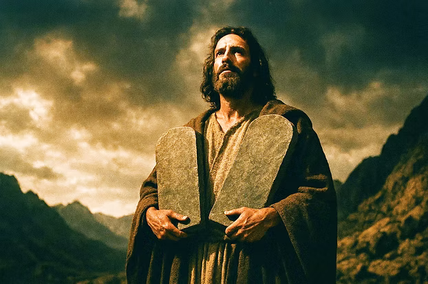 Jezus met de stenen tafelen van Gods wet