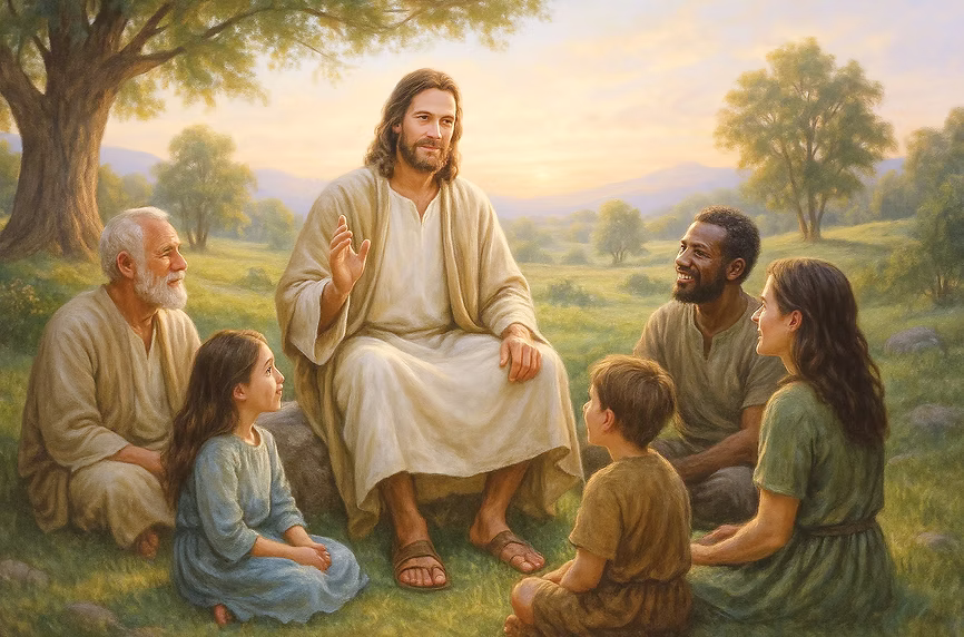 Jezus spreekt met mensen in een rustige natuurlijke omgeving