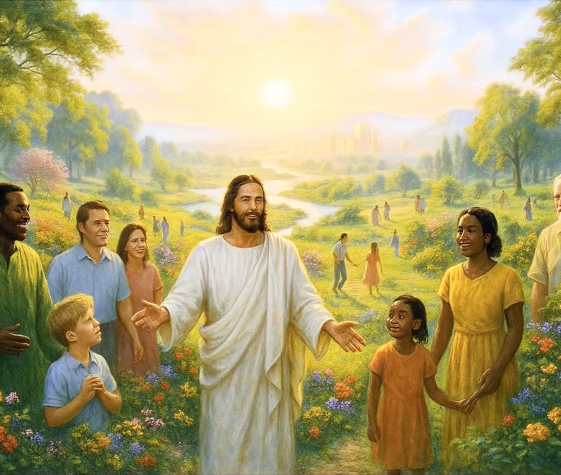 Jezus verwelkomt mensen op de vernieuwde aarde